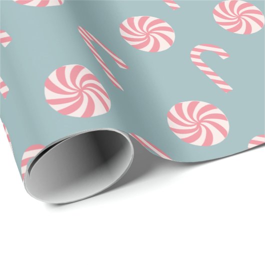 Red Candy Cane Pattern Slate Blue Cadeaupapier (Rol Hoek)