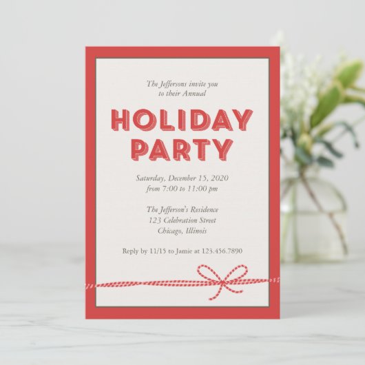 Red Candy Cane Ribbon Holiday Party Kaart (Staand voorkant)