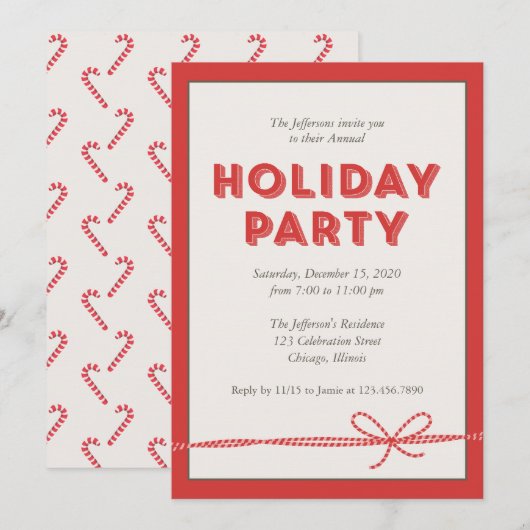 Red Candy Cane Ribbon Holiday Party Kaart (Voorkant / Achterkant)