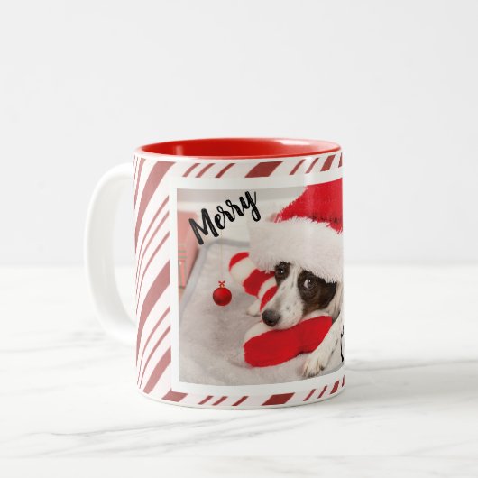 Red Candy Cane Stripe Puppy Hondenfoto Tweekleurige Koffiemok (Voorkant links)