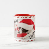 Red Candy Cane Stripe Puppy Hondenfoto Tweekleurige Koffiemok (Center)