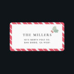 Red Candy Cane Stripes Modern Holiday Adress Etiket<br><div class="desc">Dit moderne en eenvoudige kerstfeestelijke etiket is voorzien van een afbeelding met heilige bladeren op een witte achtergrond,  voorzien van rode,  diagnostische strepen voor het snoep. Pas het aan uw behoeften aan. In mijn winkel kun je passende producten vinden.</div>