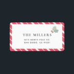 Red Candy Cane Stripes Modern Holiday Adress Etiket<br><div class="desc">Dit moderne en eenvoudige kerstfeestelijke etiket is voorzien van een afbeelding met heilige bladeren op een witte achtergrond,  voorzien van rode,  diagnostische strepen voor het snoep. Pas het aan uw behoeften aan. In mijn winkel kun je passende producten vinden.</div>