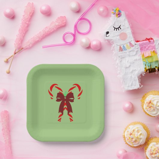 Red Candy Canes with Pine Needles & Bow Papieren Bordje (Feest)