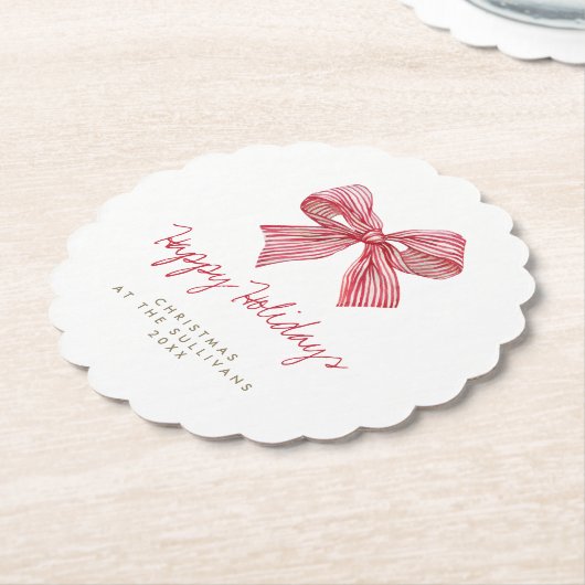 Red Candy Stripe Bow Personalized Holiday Party Kartonnen Onderzetters (Gekanteld)