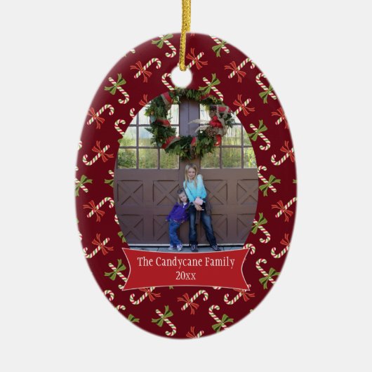 Red candycanes kerstfeestfoto-versiering keramisch ornament (Voorkant)