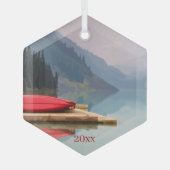 Red Canoe Mountain Lake Schilderachtig Wilderness Glas Ornament (Voorkant)