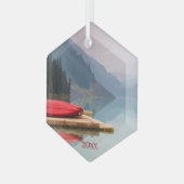 Red Canoe Mountain Lake Schilderachtig Wilderness  Glas Ornament (Voorkant links)