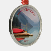 Red Canoe Mountain Lake Schilderachtig Wilderness Metalen Ornament (Rechts)