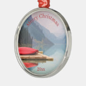 Red Canoe Mountain Lake Schilderachtig Wilderness Metalen Ornament (Links)
