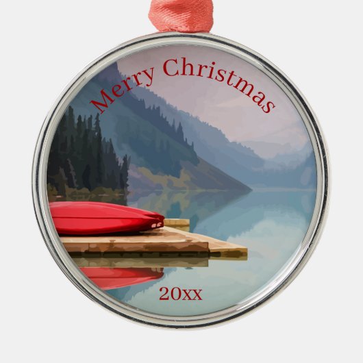 Red Canoe Mountain Lake Schilderachtig Wilderness Metalen Ornament (Voorkant)