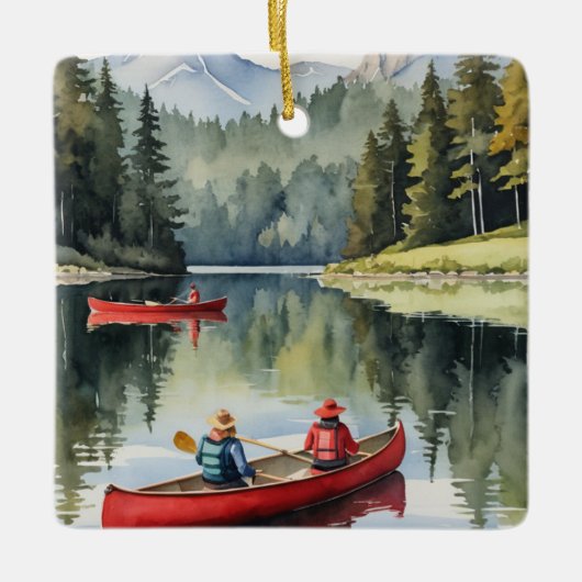 Red Canoe Wilderness Lake Camping Kerst Keramisch Ornament (Voorkant)