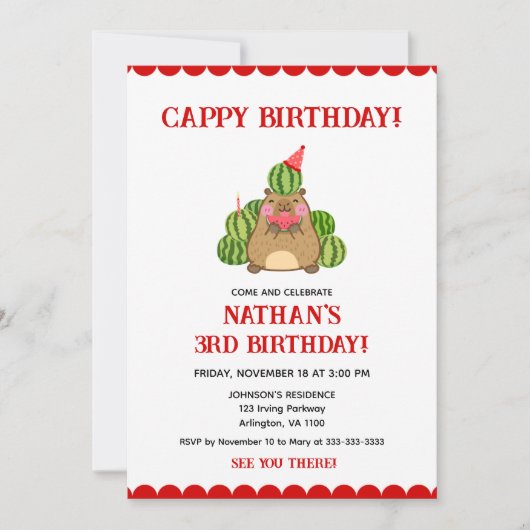 Red Capybara Watermelon Kinder Fun Cappy Verjaarda Kaart (Voorkant)