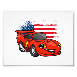 Red car american flag cartoon - Kies achterkleur Foto Afdruk