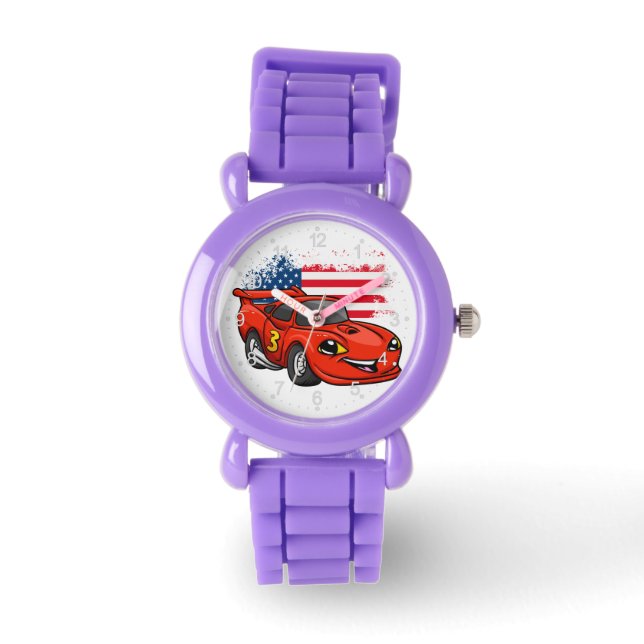 Red car american flag cartoon - Kies achterkleur Horloge (Voorkant)