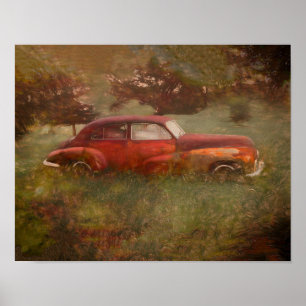  Red Car Antiek oude Rustic Retro Art Poster