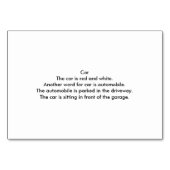 Red Car Automobile Reading Flashcards for Adults Kaart (Achterkant)
