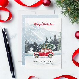 Red Car Christmas Tree Mountain Holiday Card  Feestdagenkaart