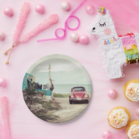 Red Car  Classic Beetle in België Papieren Bordje (Feest)