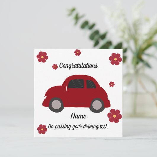 Red car flowers driving test congratulations card kaart (Staand voorkant)