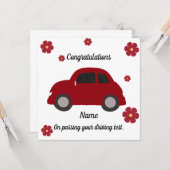 Red car flowers driving test congratulations card kaart (Voorkant / Achterkant in situ)