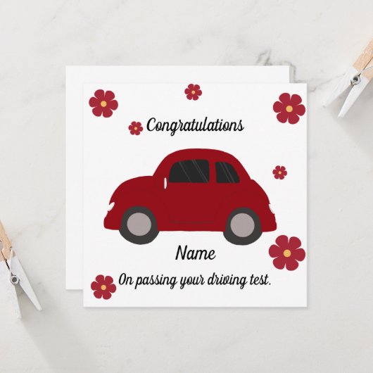 Red car flowers driving test congratulations card kaart (Voorkant / Achterkant in situ)