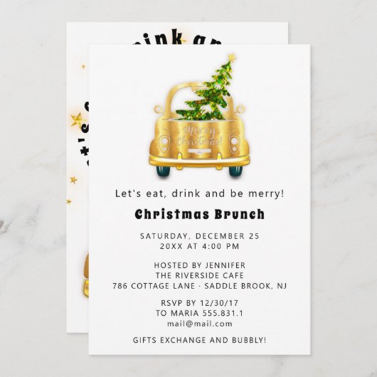 Red Car Kerstmis Brunch Dinner Tree Gold White Kaart (Voorkant / Achterkant)