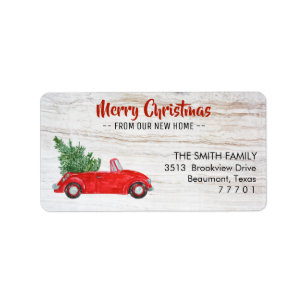 Red Car Merry kerst Nieuw thuisadres Label