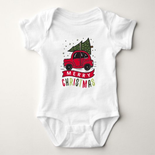 Red Car Merry kerstboom Colorful Funny Romper (Voorkant)