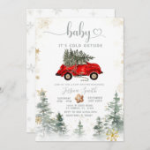 Red Car Pine Tree Winter Baby Shower Invitation Kaart (Voorkant / Achterkant)