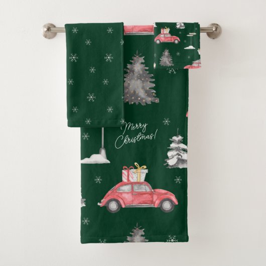 Red Car Winter Pattern Merry kerst Green Bad Handdoek (Insitu)