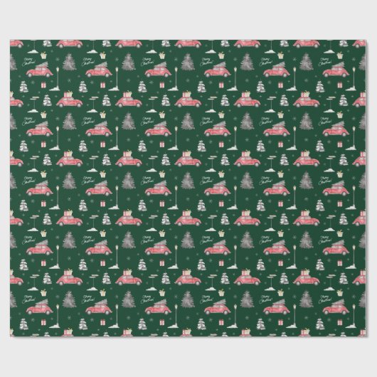 Red Car Winter Pattern Merry kerst Green Cadeaupapier (Vlak)