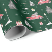 Red Car Winter Pattern Merry kerst Green Cadeaupapier (Rol Hoek)