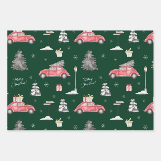 Red Car Winter Pattern Merry kerst Green Inpakpapier Vel (Voorkant 3)