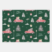 Red Car Winter Pattern Merry kerst Green Inpakpapier Vel (Voorkant)