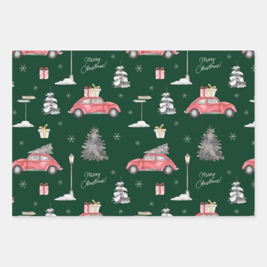 Red Car Winter Pattern Merry kerst Green Inpakpapier Vel (Voorkant)