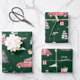 Red Car Winter Pattern Merry kerst Green Inpakpapier Vel
