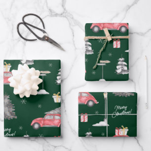 Red Car Winter Pattern Merry kerst Green Inpakpapier Vel