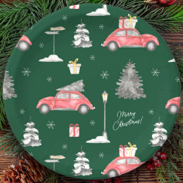 Red Car Winter Pattern Merry kerst Green Papieren Bordje