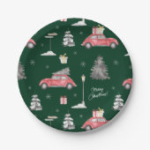 Red Car Winter Pattern Merry kerst Green Papieren Bordje (Voorkant)
