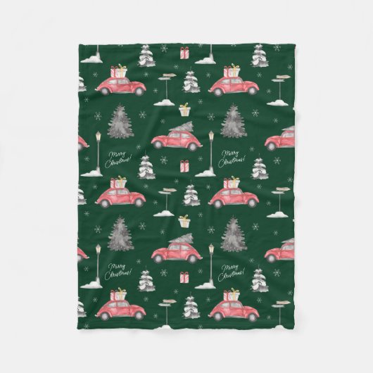 Red Car Winter Pattern Merry kerst Green Small Fleece Deken (Voorkant)