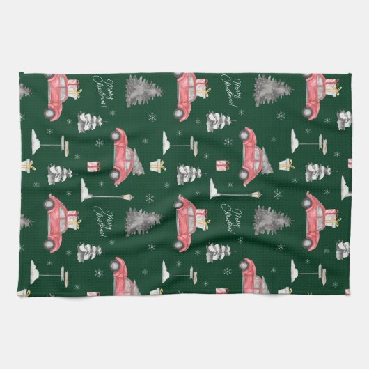 Red Car Winter Pattern Merry kerst Green Theedoek (Horizontaal)