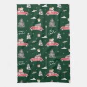 Red Car Winter Pattern Merry kerst Green Theedoek (Verticaal)