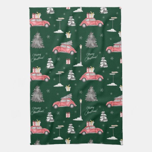 Red Car Winter Pattern Merry kerst Green Theedoek (Verticaal)