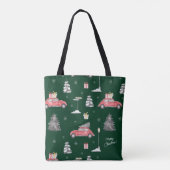 Red Car Winter Pattern Merry kerst Green Tote Bag (Achterkant)