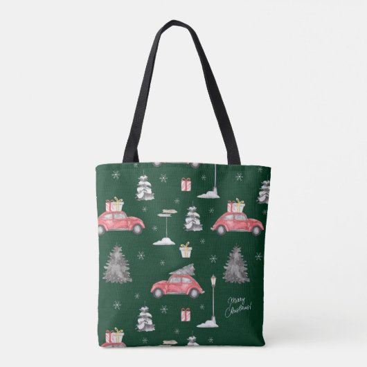 Red Car Winter Pattern Merry kerst Green Tote Bag (Achterkant)
