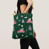 Red Car Winter Pattern Merry kerst Green Tote Bag (Dichtbij)