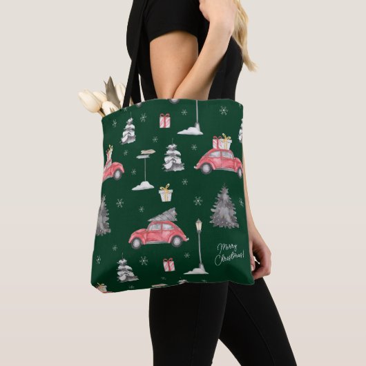 Red Car Winter Pattern Merry kerst Green Tote Bag (Dichtbij)
