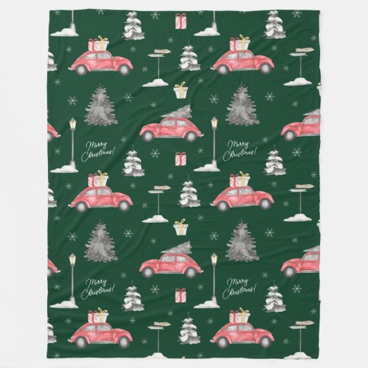 Red Car Winter Pattern Merry kerst Groot Fleece Deken (Voorkant)