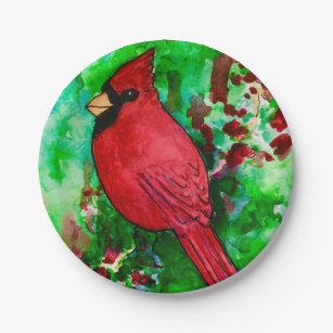 Red Cardinaal Bird Green Forest Waterverf Papieren Bordje